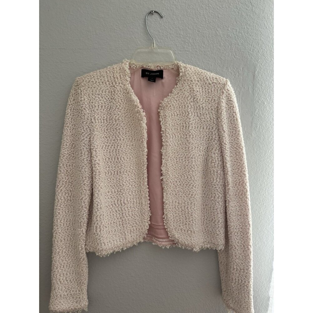 St John Boucle Tinsel Tweet Jacket White Pink Lined Sz 2 Sparkly Glimmery Barbie